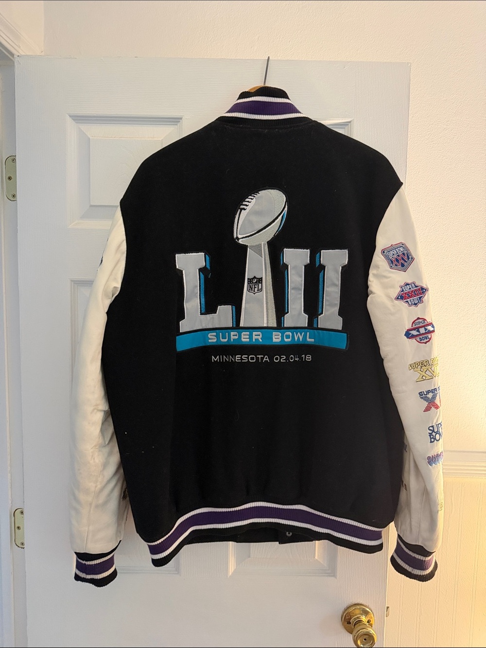 NFL Black and White Super Bowl LII Varsity Jacket with Purple Trim